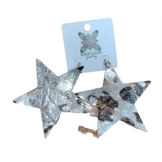 Leopard print and silver leather peace sign earrings with gold hooks on Voyager's Dream card