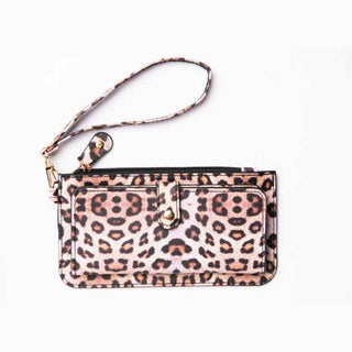 Leopard print vegan leather clutch cardholder wristlet with gold-tone hardware and dual-zip compartment