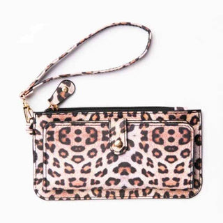 Leopard print vegan leather clutch cardholder wristlet with gold-tone hardware and dual-zip compartment