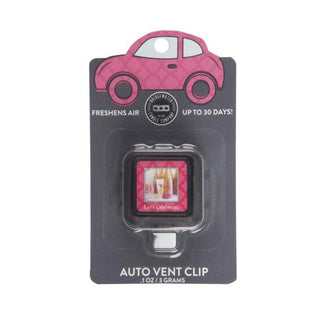 Bridgewater Let's Celebrate Auto Vent Clip packaging with pink diamond pattern car silhouette and floral strawberry fragrance