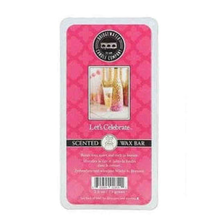 Bridgewater Let's Celebrate scented wax bar in fuchsia pink damask packaging with glittery golden bottle and bubbly drink imagery