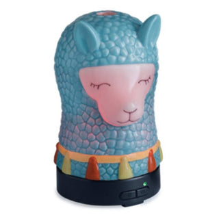 Light blue llama essential oil diffuser with textured wool surface, pink glowing face, and colorful neck accents