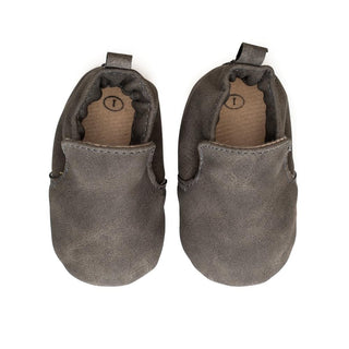 Gray infant slip-on shoes showing cotton lining and elastic collar
