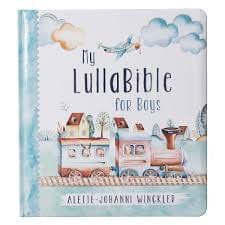 Book titled 'My LullaBible For Boys' with illustrations of a toy store and clouds on the cover.