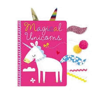 Magical Unicorns children's board book with interactive glittery horns, pom-poms, and ribbons on fuchsia pink cover