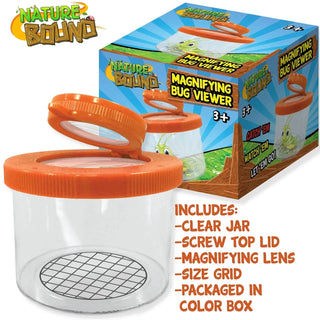 Orange screw-top magnifying bug jar with built-in lens and size grid next to Nature Bound packaging