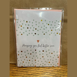 Polka dot get well soon card with peach heart and olive green ink design
