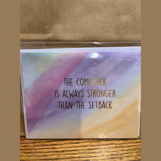 Lavender pink comeback stronger than setback card with brown and gold foil text