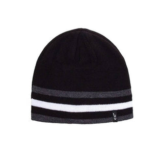 Black C.C Originals men's beanie with folded cuff featuring white and gray horizontal stripes