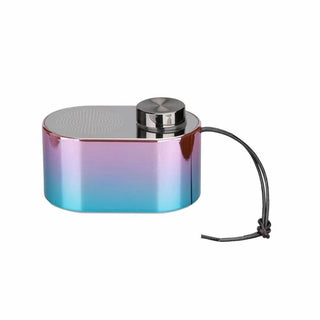 Purple-to-blue iridescent metallic Bluetooth speaker with silver grille and brushed knob