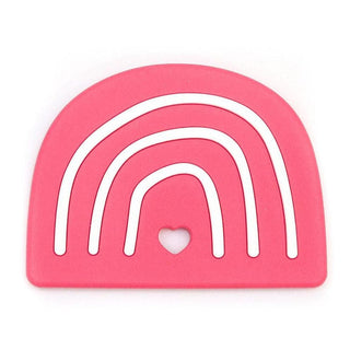 Pink silicone rainbow teether with raised white arch bands and heart cutout