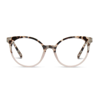 Monarch Peepers blue light glasses with tortoiseshell and blush gradient frames, gold bridge accent