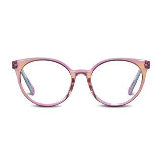 Moonstone Peepers blue light glasses with iridescent gradient cat-eye frames in pink amber violet acetate