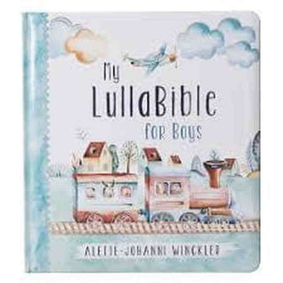 Book titled 'My LullaBible For Boys' with illustrations of a toy store and clouds on the cover.