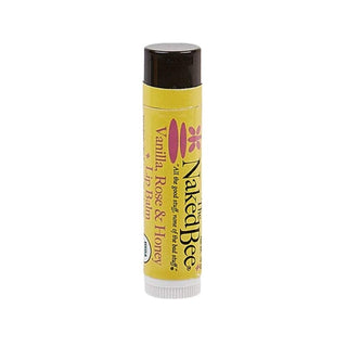 Naked Bee Vanilla Rose Honey organic lip balm tube with yellow label and brown cap