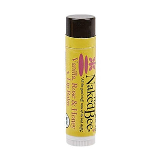 Naked Bee Vanilla Rose Honey organic lip balm tube with yellow label and brown cap