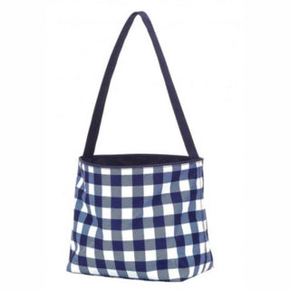 Navy and white gingham check bucket tote bag with sturdy webbing handle