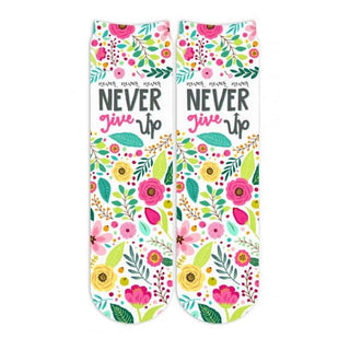 Women's floral print ankle socks with 'Never Give Up' motivational text and pink yellow green botanical design