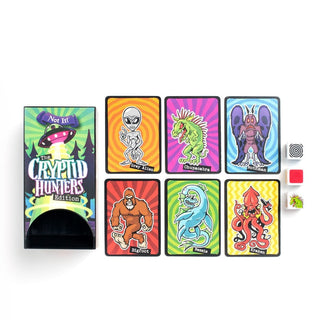 Cryptid Hunters card game set featuring Grey Alien, Chupacabra, Mothman, Bigfoot, Nessie, Kraken cards