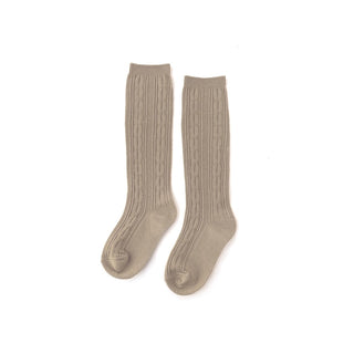 Muted beige cable knit knee high socks for kids with ribbed cuff and seamless toe