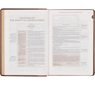 Open book showing pages from 'The Spiritual Growth Bible' with text and headings.