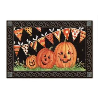 Halloween doormat featuring orange jack-o-lanterns and festive bunting flags on black background