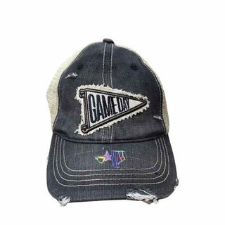 Gameday pennant patch dark denim trucker cap with frayed brim edges