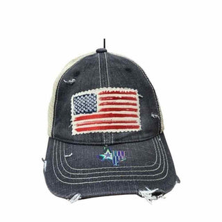 American flag patch distressed denim trucker cap with star logo