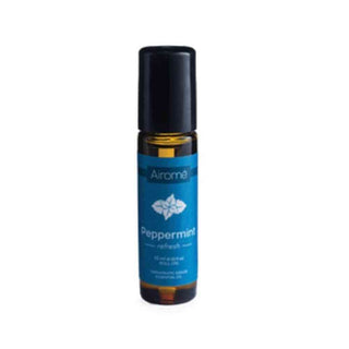 Airomé Peppermint Essential Oil Roll-on in amber glass bottle with blue label and mint leaf icon