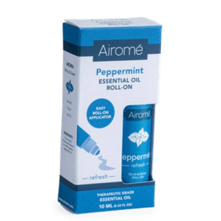 Airomé Peppermint Essential Oil Roll-on retail box showing therapeutic grade oil window display