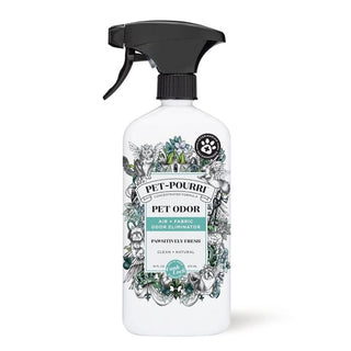 Front view of 16 oz Pet-Pourri white spray bottle with Funk Lock Technology badge