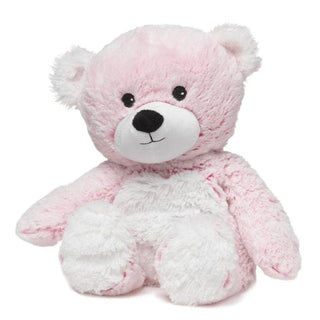 Pink and white marshmallow bear warmies plush with fluffy textured fur, pastel pink body, white muzzle and paws, black button eyes