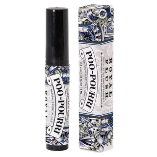 Poo-Pourri On the Go Royal Flush travel spray bottle with matte black cap and vintage blue toile packaging