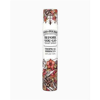 Poo-Pourri Tropical Hibiscus before-you-go toilet spray in white aerosol can with ornate red hibiscus floral design