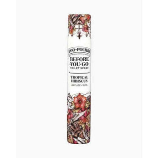 Poo-Pourri Tropical Hibiscus before-you-go toilet spray in white aerosol can with ornate red hibiscus floral design