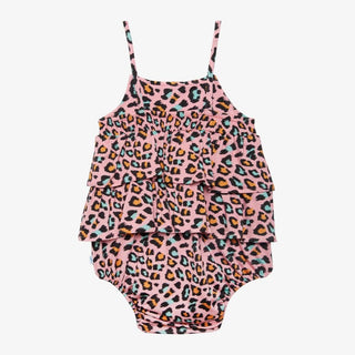 Pink leopard print viscose from bamboo baby romper with ruffled bodice and spaghetti straps