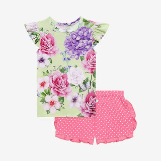 Posh Peanut kids 2-piece set with floral cap sleeve top and pink polka dot ruffle shorts