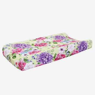 Posh Peanut Georgina changing pad cover with pink rose and purple hydrangea floral print on bamboo viscose fabric