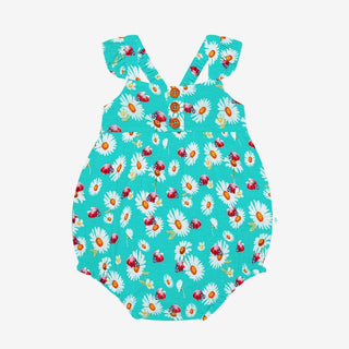 Turquoise Posh Peanut Henley Bubble Romper with Ladybug and Daisy Print, Ruffled Cap Sleeves