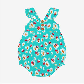 Turquoise Posh Peanut Henley Bubble Romper with Ladybug and Daisy Print, Ruffled Cap Sleeves