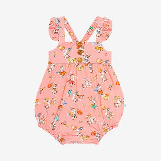Posh Peanut Henley Bubble Romper pink bunny floral print ruffled cap sleeves bamboo viscose