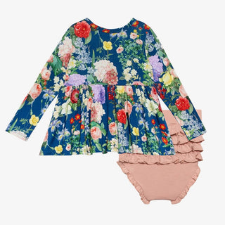 Navy floral peplum top and dusty rose ruffled bloomers 2-piece set