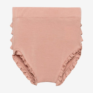 High-waisted dusty rose ruffled bloomers with elastic waistband