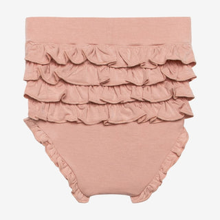Close-up of dusty rose three-tiered ruffle bloomers waistband detail