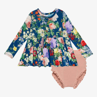 Navy blue floral peplum top with dusty rose ruffled bloomers for girls