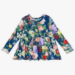 Full front view of navy blue multi-color floral print peplum top