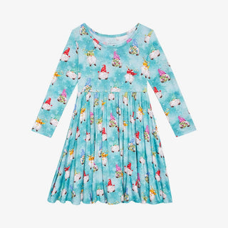 Turquoise bamboo twirl dress with colorful gnome pattern and ruffle cap sleeves for girls