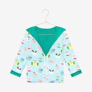 Kids reversible bamboo jacket with donut panda print and teal lining
