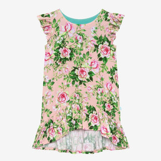Pink rose floral hi-low dress with ruffle cap sleeves and teal lining for girls