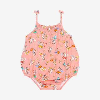 Posh Peanut Betty coral pink bunny print spaghetti strap bubble romper with ruched bodice and snap closure
